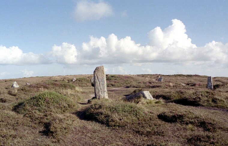 The Nine Maidens of Boskednan - looking south over the largest stone of the circle